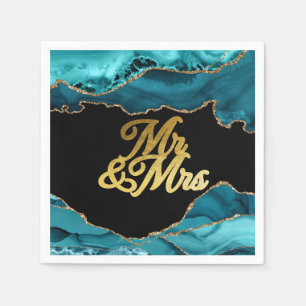 Modern Teal and Gold Agate Stone Wedding Napkin