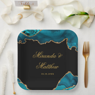 Modern Teal and Gold Agate Stone Wedding  Paper Plate