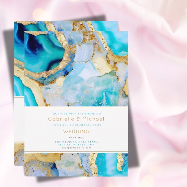 Modern Teal and Gold Agate Trendy Wedding  Invitation (Creator Uploaded)