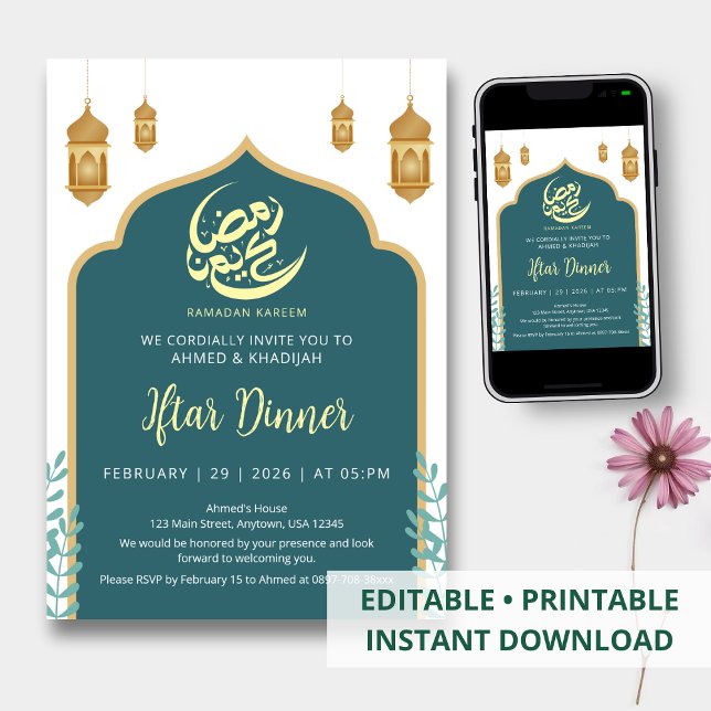 Modern Teal and Gold Arch Ramadan Iftar Invitation (Creator Uploaded)
