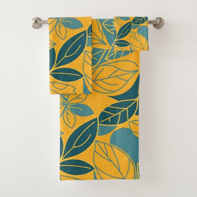 Modern Teal and Gold Botanical Leaf Bath Towel Set (Insitu)