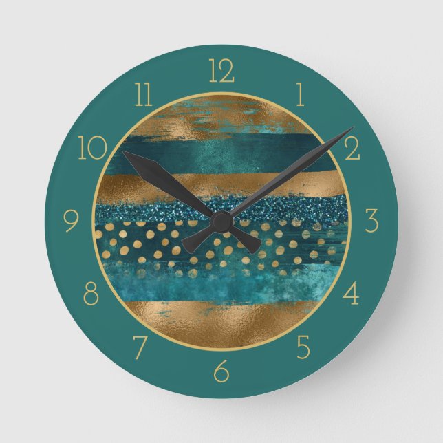 Modern teal and gold brush strokes with border round clock (Front)