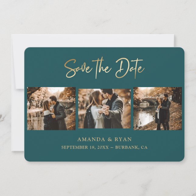 Modern Teal and Gold Foil Wedding 3 Photo Save The Date (Front)