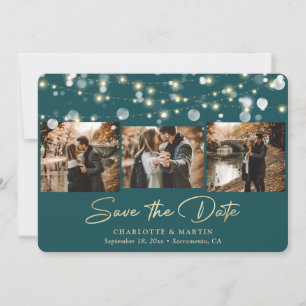 Modern Teal and Gold Wedding 3 Photo Save The Date