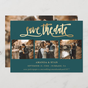 Modern Teal and Gold Wedding 4 Photo Save The Date
