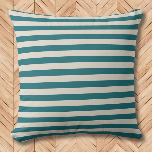 Modern Teal and Oatmeal Horizontal Striped  Cushion (Creator Uploaded)