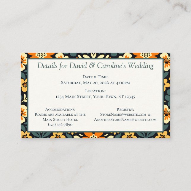 Modern Teal and Orange Floral Design Enclosure Card (Front)