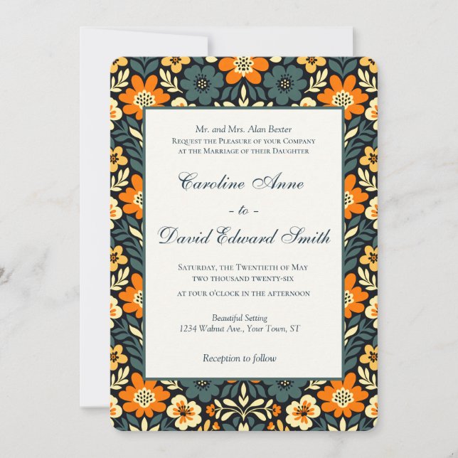 Modern Teal and Orange Floral Design Invitation (Front)