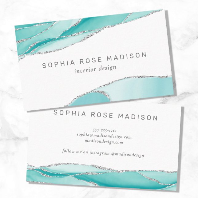 Modern Teal and Silver Geode Agate Watercolor Business Card (Creator Uploaded)