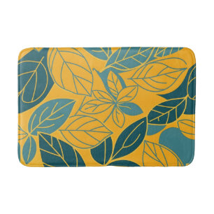 Modern Teal and Yellow Botanical Leaf Design Bath Mat