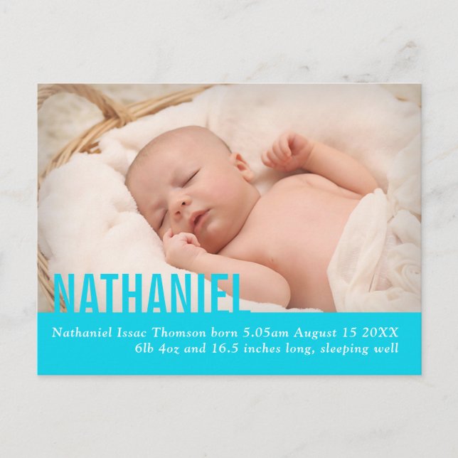 Modern teal baby boy photo announcement postcard (Front)
