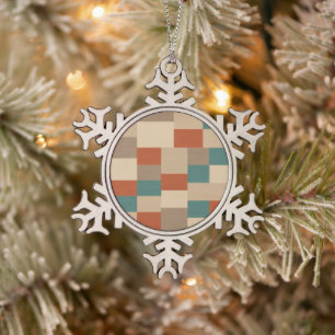 Modern Teal & Beige Geometric Blocks Snowflake Pewter Christmas Ornament
