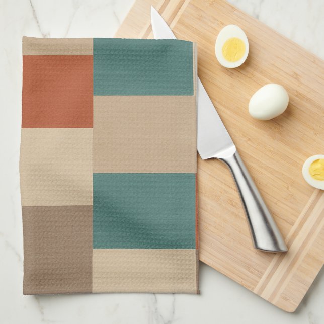 Modern Teal & Beige Geometric Blocks Tea Towel (Quarter Fold)