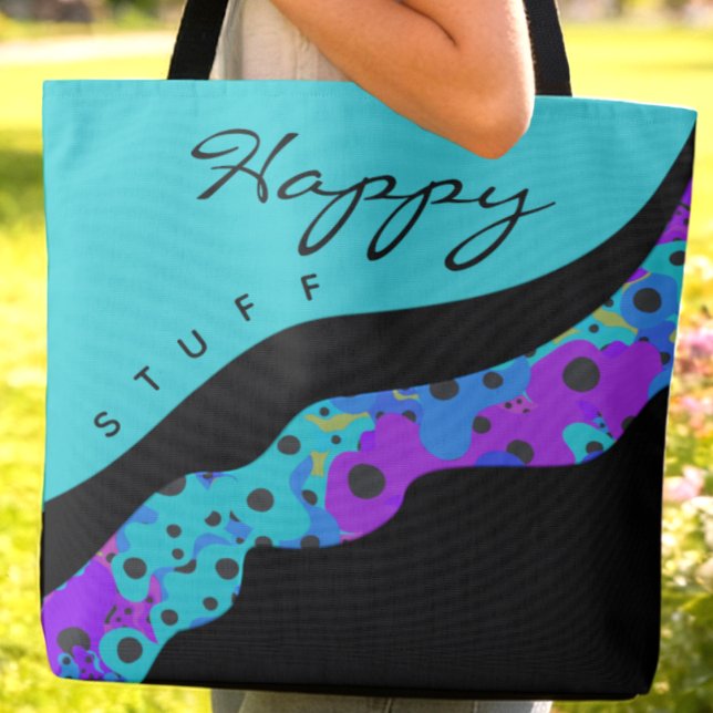 Modern Teal Black And Purple Wave Tote Bag (Teal, purple and blue with black dots and custom words make this bag fun to carry around anywhere)