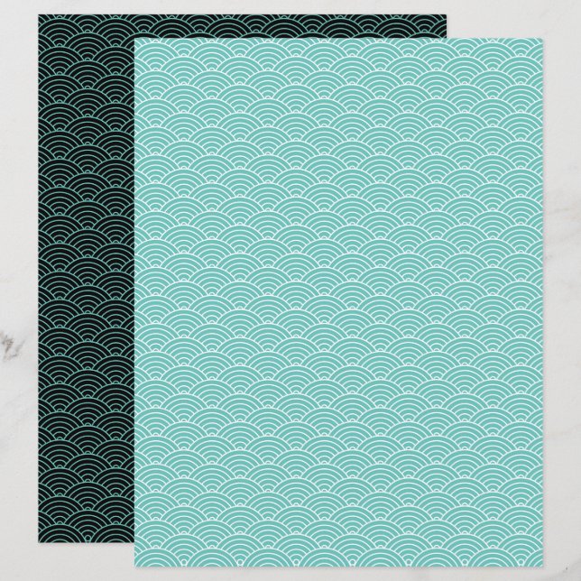 Modern Teal Black Japanese Wave Scrapbook Paper (Front/Back)