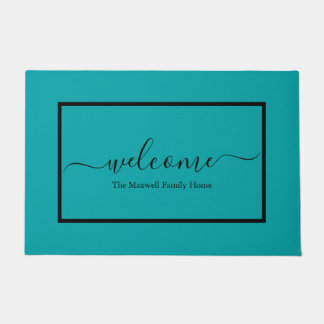Modern teal black script family name welcome  doormat