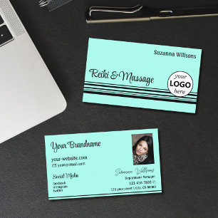 Modern Teal Black Stripes with Logo and Photo Business Card