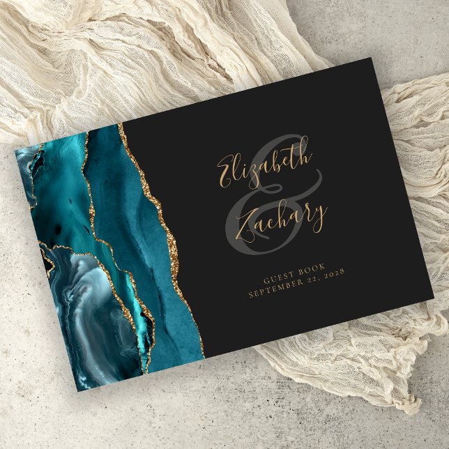 Modern Teal Blue Agate Gold Script Dark Guest Book (Creator Uploaded)