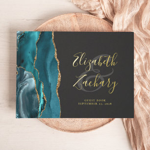 Modern Teal Blue Agate Gold Script Dark Guest Book