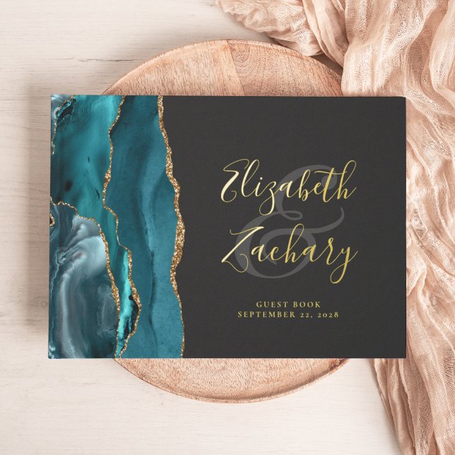 Modern Teal Blue Agate Gold Script Dark Guest Book (Creator Uploaded)