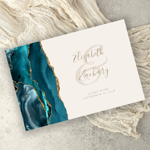 Modern Teal Blue Agate Ivory Gold Script Guest Book