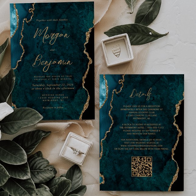 Modern Teal Blue Agate Script QR Code Wedding Invitation (Creator Uploaded)