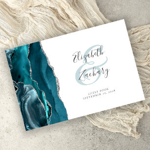Modern Teal Blue Agate Silver Script Guest Book