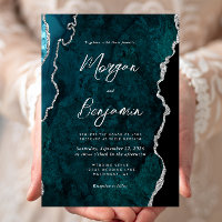 Modern Teal Blue Agate Silver Script Wedding