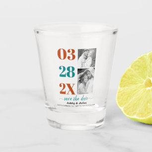 Modern teal blue and rust two photo Save the Date Shot Glass