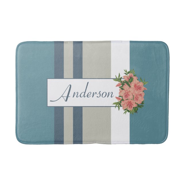 Modern Teal Blue and Tan Striped Floral Bath Mat (Front)