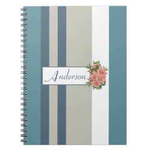 Modern Teal Blue and Tan Striped Floral Notebook