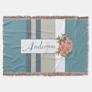Modern Teal Blue and Tan Striped Floral Throw Blanket