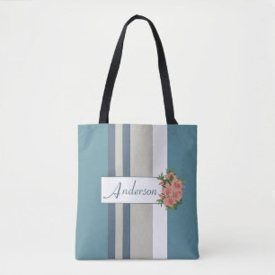 Modern Teal Blue and Tan Striped Floral Tote Bag