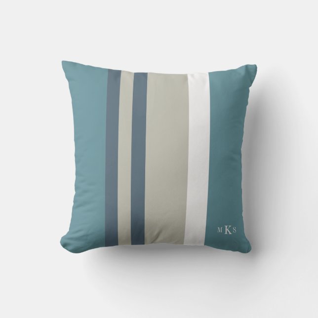 Modern Teal Blue and Tan Striped Personalised Cushion (Front)