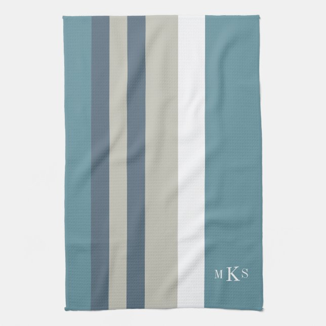 Modern Teal Blue and Tan Striped Personalised Tea Towel (Vertical)