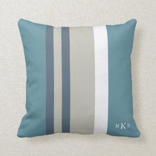 Modern Teal Blue and Tan Striped Personalized Cushion