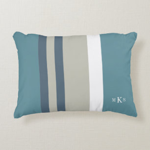 Modern Teal Blue and Tan Striped Personalized Decorative Cushion