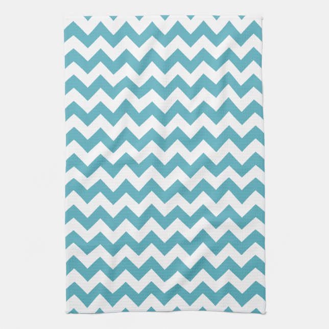 Modern Teal Blue and White Chevron Zigzag Pattern Tea Towel (Vertical)