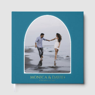Modern Teal Blue Arch Photo Minimalist Wedding Guest Book