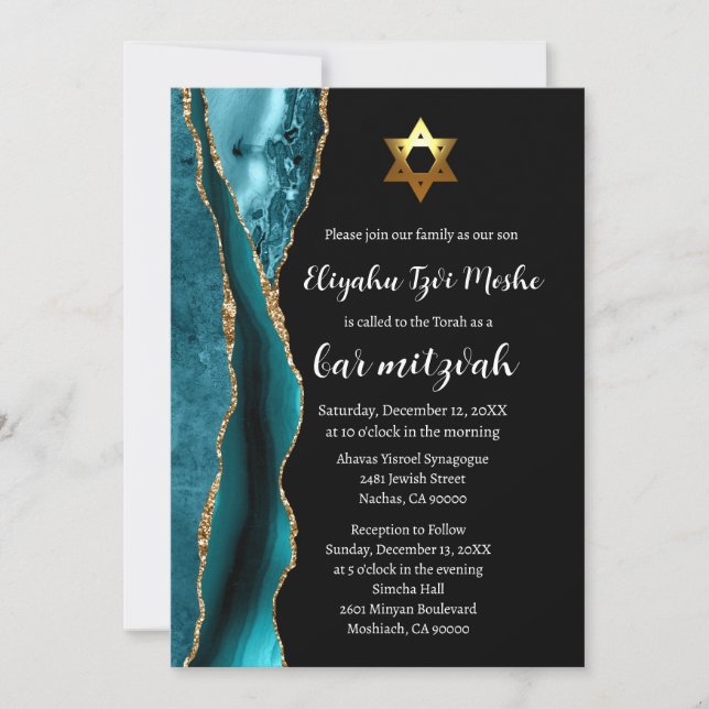 Modern Teal Blue Black and Gold Bar Mitzvah Invitation (Front)