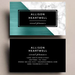 Modern Teal Blue Brushed Metal White Marble Black Business Card