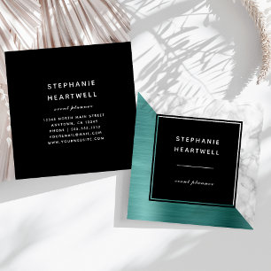 Modern Teal Blue Brushed Metal White Marble Black Square Business Card
