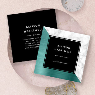 Modern Teal Blue Brushed Metal White Marble Black Square Business Card