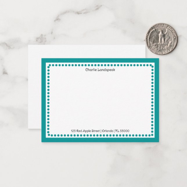 Modern Teal Blue Dotted Frame Custom Name, Address Card (Front/Back In Situ)
