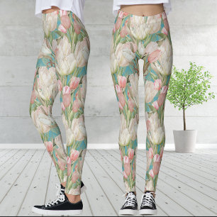 Modern Teal Blue Elegant Tulips with Gold Pattern Leggings