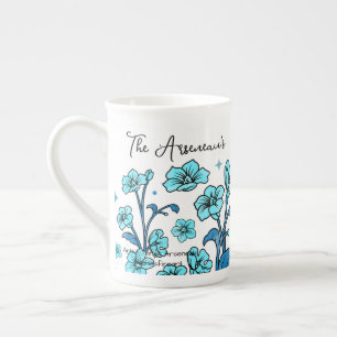 Modern Teal Blue FLORAL Design PERSONALIZE Bone China Mug