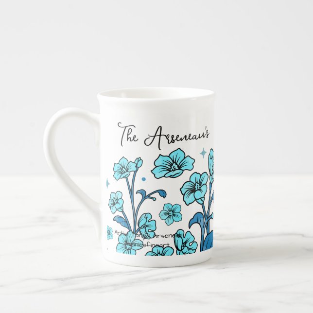 Modern Teal Blue FLORAL Design PERSONALIZE Bone China Mug (Left)