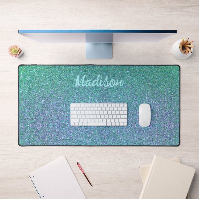 Modern Teal Blue Glitter Glam Personalised Desk Mat (Office 1)