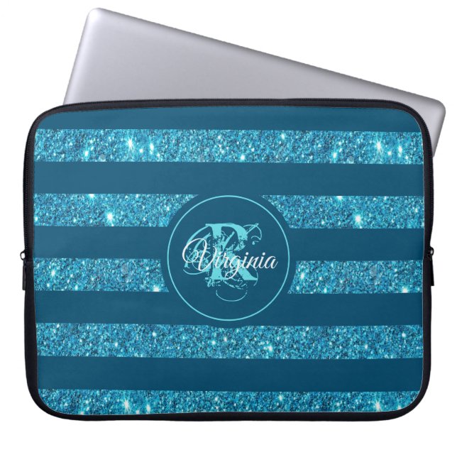 Modern Teal Blue Glitter Striped Monogram Laptop Sleeve (Front)