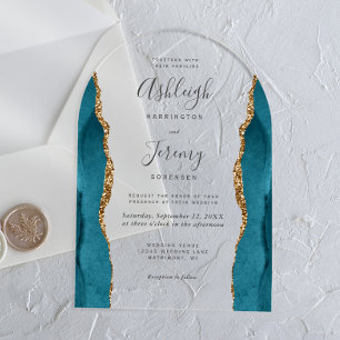 Modern Teal Blue Gold Agate Arch Wedding Acrylic Invitations